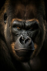 Obraz premium Portrait of a gorilla in front of a dark background, monkey, jungle, generative AI