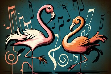  two flamingos with musical notes on a blue and green background with a black background and a pink flamingo standing in front of a blue background. Generative AI