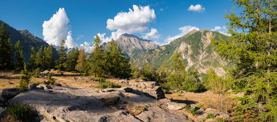 Panoramic view of the La Coche Plateau in Ecrins National Park with Champoleon Valley in the background. Hautes-Alpes (Alps), France - 569571705