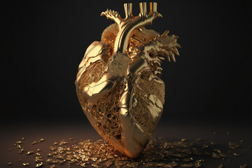 Anatomical heart made of gold on a black background. Brutal Valentine. Photorealistic drawing generated by AI.