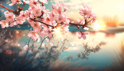 spring landscape blooming wild flowers on sunset sky at sun light