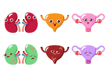 cute cartoon vector, illustration emotion kidney, urinary and uterus.