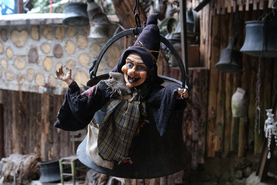 Scary mask on old house, gothic decoration