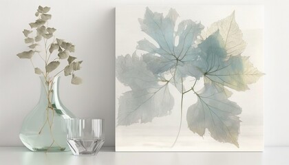  a painting of a leaf in a vase next to a vase with a plant in it and a glass vase with a flower in it. Generative AI