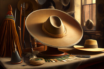 Mexican sombrero on the table in the hat workshop