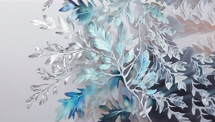  a painting of leaves on a gray background with a white frame on the bottom of the painting is a blue and white background with white leaves. Generative AI
