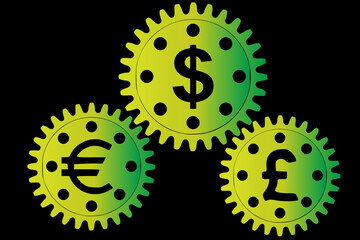 Vector concept, money makes the world go round. A gear mechanism with dollar, euro and pound sterling currency signs