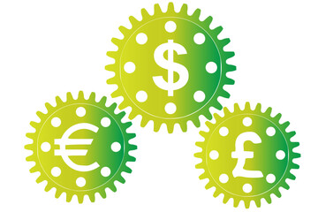Vector concept, money makes the world go round. A gear mechanism with dollar, euro and pound sterling currency signs	