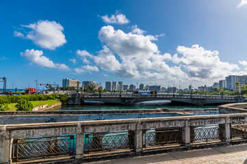 A view from the bridge onto the island of San Juan, Puerto Rico on a bright sunny day