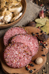 Sliced salami using pork meat with spices