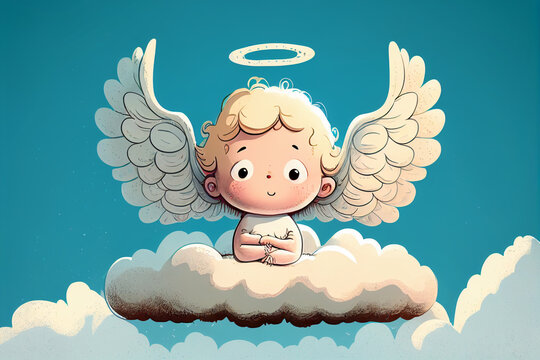 Cute angel sits on a cloud in the sky. AI generated