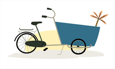 Fototapeta na wymiar Cargo bike simple flat hand drawn style standing at the parking. Advertisement vector illustration Sunny nostalgia composition.