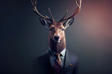 Portrait of a deer in elegant business suit outfit. Serious boss concept.  
Digitally generated AI image.