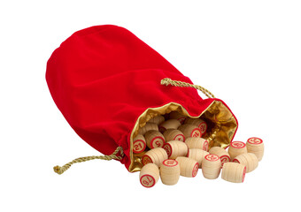 Scattered red lotto casks from velvet bag, isolated against white background, close-up