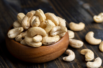 Fresh peeled cashew nuts on the table