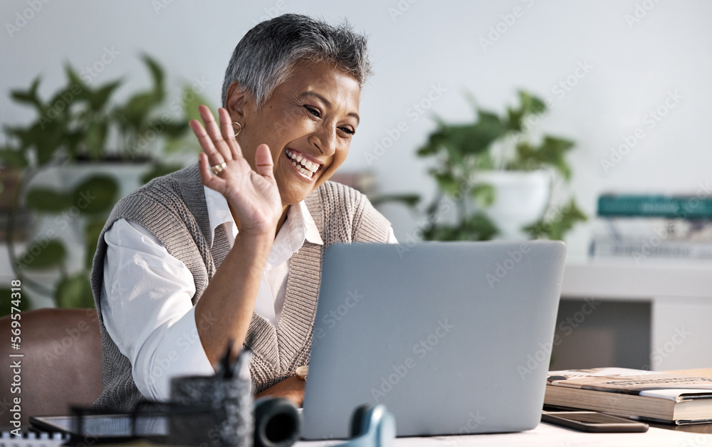 Aufkleber business woman, laptop and hand for video call hello while happy about networking communication. ent