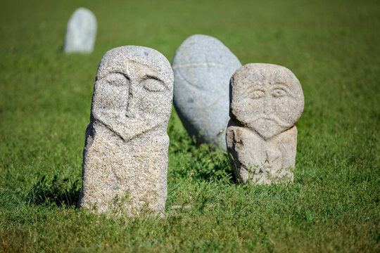 Stone sculptures around the Burana Tower in northern Kyrgyzstan