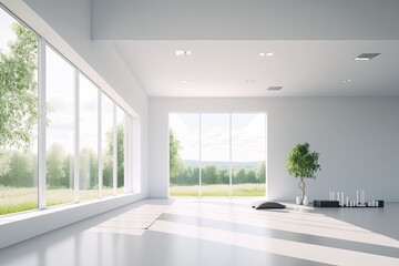 Fototapeta na wymiar Clean and clam yoga studio with beautiful nature view. Interior design. Generative AI