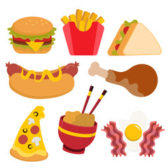 fast food icon set. burger, fries, sandwich, hotdog, chicken, pizza, noodle, egg and bacon illustrations