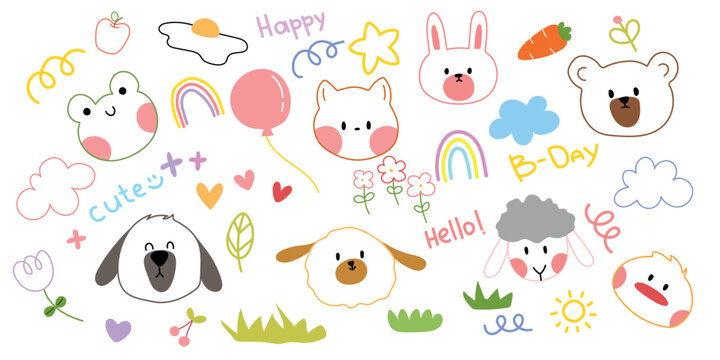 Vector illustration of Doodle cute for kid, Hand drawn set of cute doodles for decoration,Funny Doodle Hand Drawn, Summer, animal, flowers, hearts, rainbow.