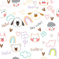 Obraz premium Seamless Vector illustration of Doodle cute for kid, Hand drawn set of cute doodles for decoration,Funny Doodle Hand Drawn, Summer, animal, flowers, hearts, rainbow.
