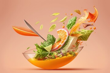  a bowl of food with a pair of scissors in the middle of it and a cut orange in the middle of the bowl with a knife sticking out of it. Generative AI