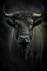 Naklejka premium Bull portrait in front of dark background, generative AI