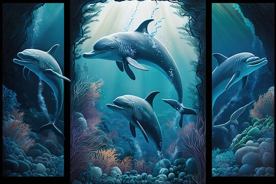  three pictures of dolphins swimming in the ocean with corals and seaweed on the bottom and bottom of the picture, and bottom of the picture of the bottom and bottom. Generative AI