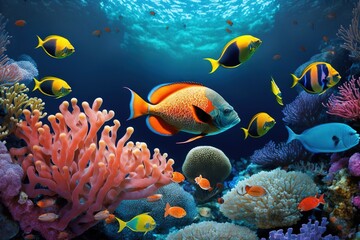 Naklejka na ściany i meble a group of fish swimming around a coral reef in a blue ocean with corals and other marine life in the background, with sunlight shining on the water surface. Generative AI