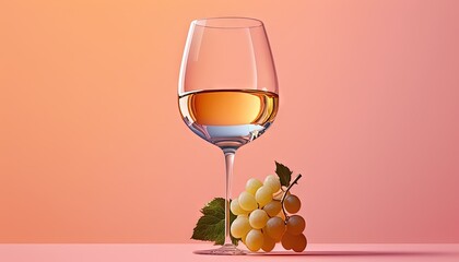  a glass of wine and a bunch of grapes on a pink background with a pink background and a pink background with a light pink background. Generative AI