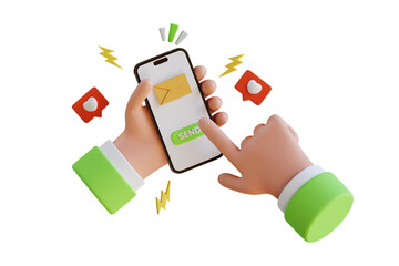 hand holding mobile smartphone with Likes notification icons 3d illustration