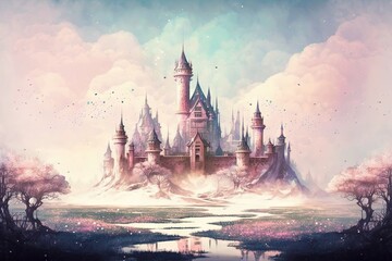 Dreamlike Castle in Pastel Colors - A Magical Medieval Kingdom Illustration 2. Generative AI. - obrazy, fototapety, plakaty