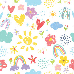 Seamless pattern with sun, clouds, flowers, hearts and polka dots.
