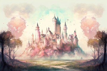 Fototapeta na wymiar Dreamlike Castle in Pastel Colors - A Magical Medieval Kingdom Illustration 1. Generative AI.