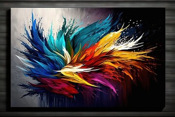  a painting of a colorful bird on a black background with a wooden frame and a black border around the picture is a black frame with a black border around the edges.  Generative AI