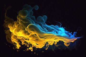 bright yellow blue vapor on a dark background. Generative AI