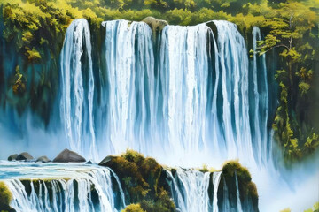 Beautiful waterfalls, watercolor painting. AI generated.