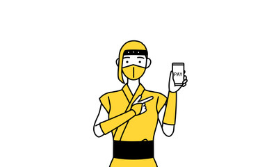 スマホのキャッシュレス・オンライン決済を勧める忍者のコスプレをした女性