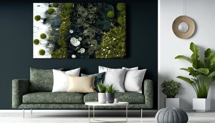  a living room with a green couch and a painting on the wall above the couch is a white coffee table with a plant on it.  Generative AI
