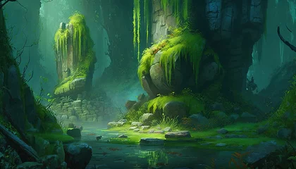 Poster Monde féerique  a painting of a green forest with a stream running through it and moss growing on the rocks in the foreground, and rocks in the foreground.  Generative AI  © Anna