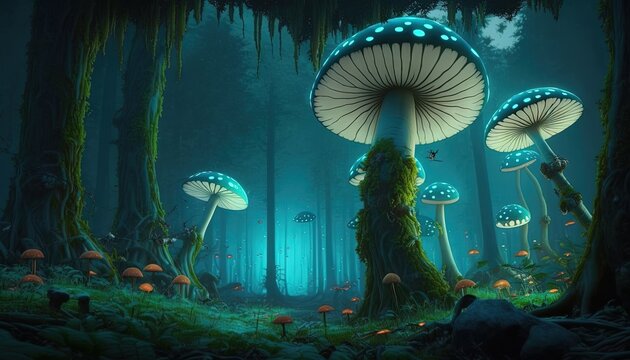  a group of mushrooms that are in the forest at night time, with glowing lights on them, and moss growing on the ground, all around them.  Generative AI