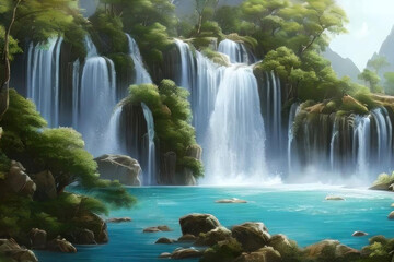Beautiful waterfall in the jungle. AI generated.