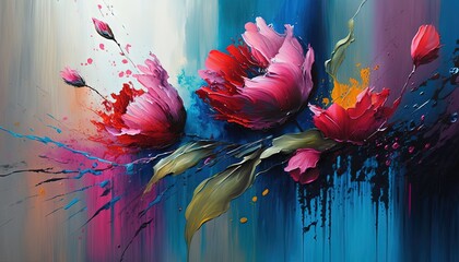  a painting of pink flowers on a blue and white background with splashes of paint on the bottom half of the painting and the bottom half of the painting. Generative AI