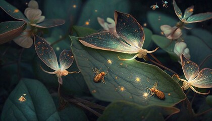  a group of bugs sitting on top of a green leaf covered in fireflys on top of a leaf covered in fireflys. Generative AI