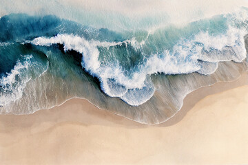 Summer background watercolor sea wave and sand Beach. Top bird eye view generative ai. - obrazy, fototapety, plakaty