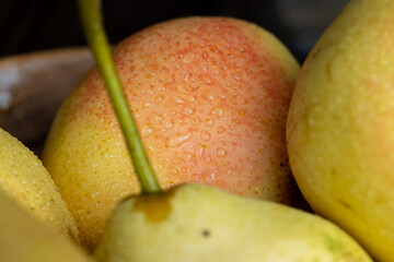 Ripe yellow pear with red shades covered with drops of pure water