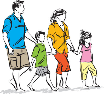 happy family concept vacations walking parents son daughter mother father vector illustration