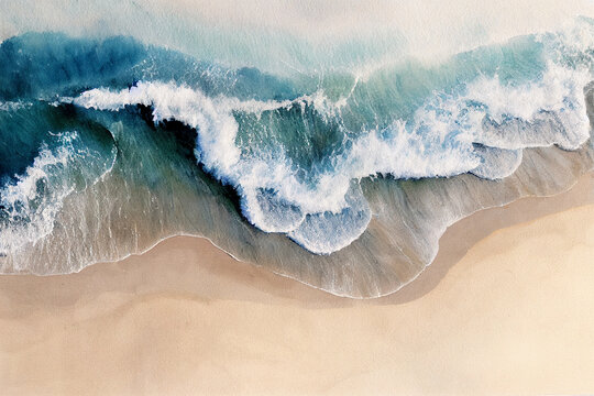 Summer Background Watercolor Sea Wave And Sand Beach. Top Bird Eye View Generative Ai.