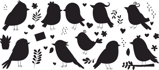 birds cartoon set silhouette isolated, vector