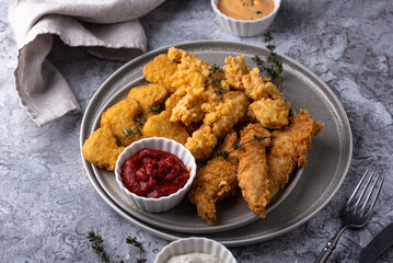 Chicken nuggets, strips and bites